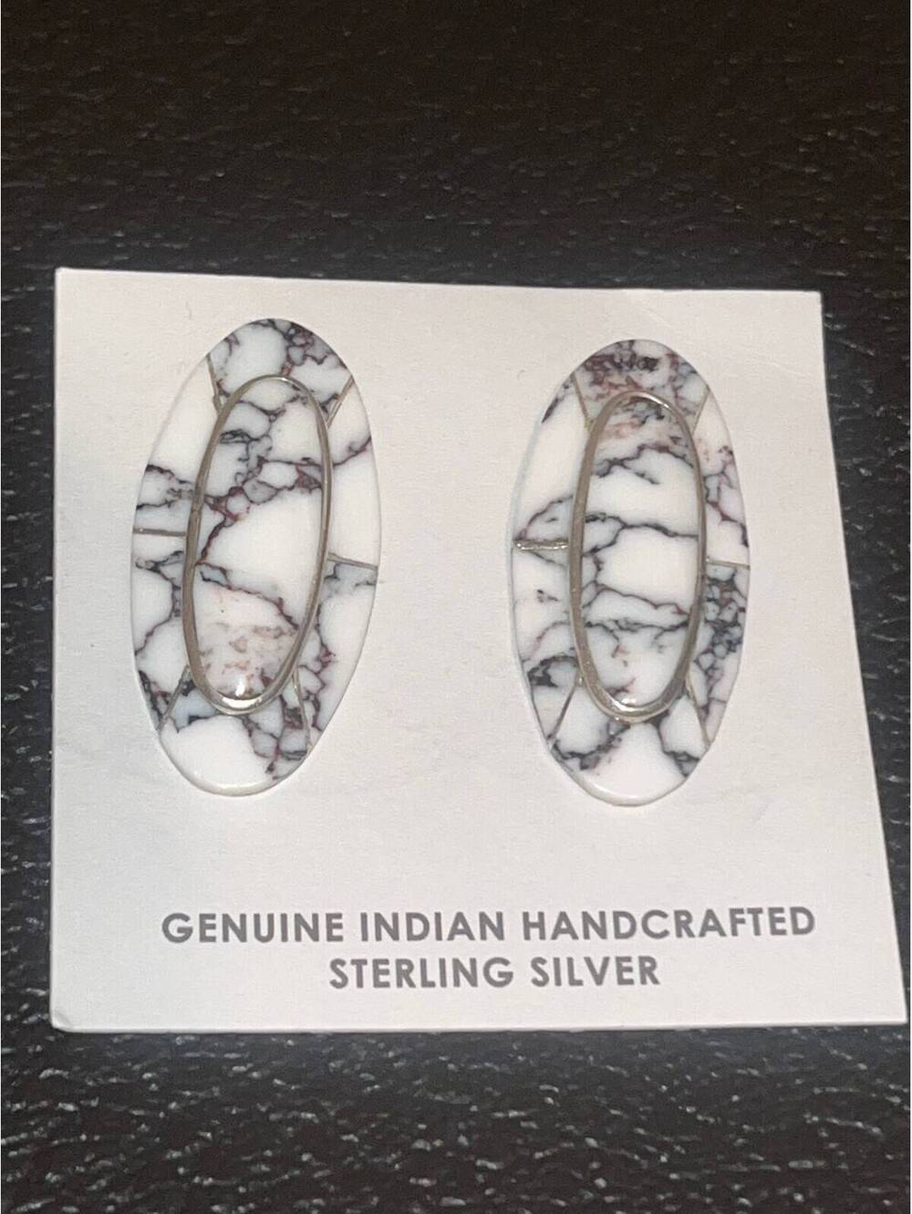 Native American Navajo handmade sterling silver white buffalo inlay earrings